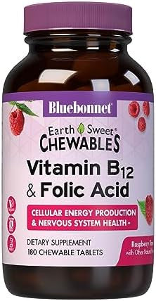 Bluebonnet Nutrition Earth Sweet Vitamin B12 1000 Mcg & Folic Acid 400Mcg Brain Health & Energy Vitamins For Women & Men Vegan Gluten Raspberry B 12 Vitamin 180 Chewable Tablets