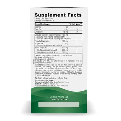 Nordic Naturals Memory Support With Curcumin - 60 Soft Gels - 1000 Mg Omega-3 400 Mg Optimized Curcumin - Memory Cognition - Contains Phosphatidylcholine & Huperzine A - Non-Gmo 30 Servings