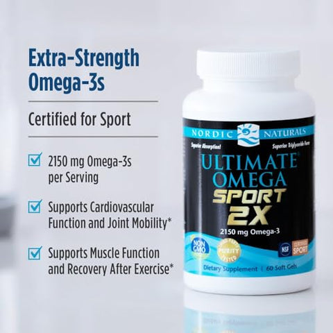 Nordic Naturals Ultimate Omega Sport 2X Lemon Flavor - 60 Soft Gels - 2150 Mg Omega-3 - Nsf Certified Fish Oil With Epa & Dha - Heart & Muscle Health Recovery - Non-Gmo 30 Servings