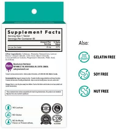 Nutrameltz Zinc 25 Mg Supplement ÃƒÂ¢Ã¢â€šÂ¬Ã¢â‚¬Å“ Dietary Immune Support Supplement, Promotes Healthy Hair & Nails, Boost Metabolism Quick Dissolving ÃƒÂ¢Ã¢â€šÂ¬Ã¢â‚¬Å“ Mouthwatering Lemon Flavor (60 Tablets)