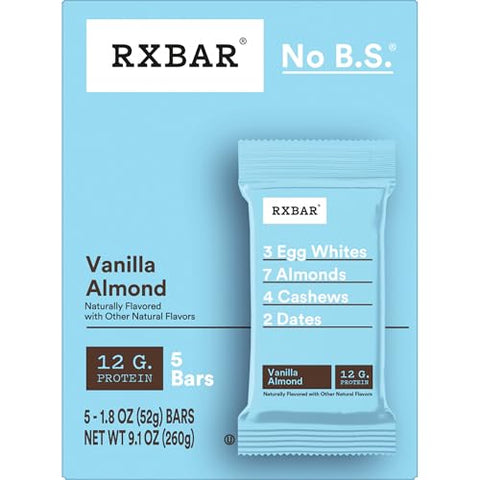 RXBAR Protein Bars, 12g Protein, Gluten Free Snacks, Vanilla Almond, 9.15oz (5 Bars)