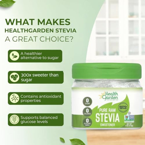 Health Garden Pure Raw Stevia Sweetener 4 oz Jar 100% Natural No Additives Keto Friendly Zero Calorie Sugar Substitute Sugar Alternative GlutenFree Vegan Kosher 300X Sweeter Than Sugar