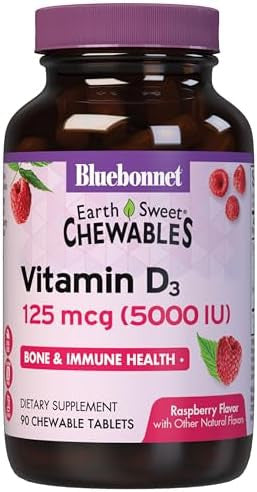 Bluebonnet Nutrition Earth Sweet Vitamin D3 5000 Iu Chewable Tablets Aids In Muscle & Skeletal Growth Non Gmo Gluten & Soy & Milk Kosher Raspberry White 90 Count