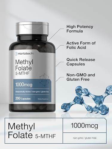 Horbaach Methyl Folate Supplement 1000 mcg 200 Capsules 5MTHF Folic Acid NonGMO Gluten Free Methylfolate