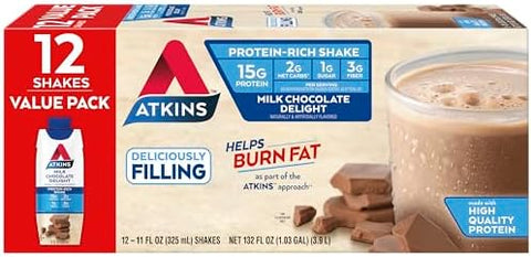 Atkins Milk Chocolate Delight Protein Shake & Dark Chocolate Royale Protein Shake 15G Protein Low Glycemic 2G Net Carb 1G Sugar Keto Friendly 12 Count