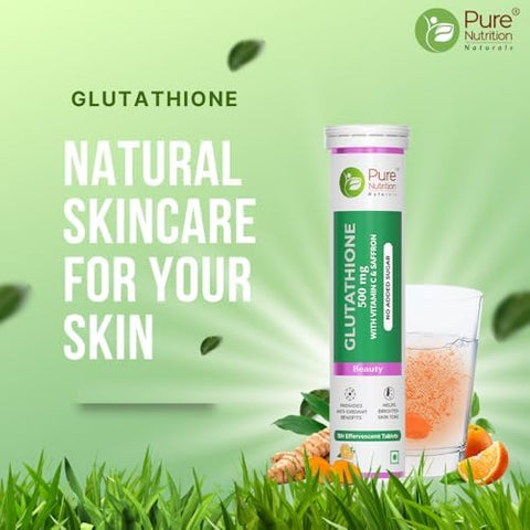 Pure Nutrition LGlutathione 500Mg 30 Effervescent Tablets (15X2) With Vitamin C and Saffron Orange Flavour Supports Skin Immunity and Daily Wellness