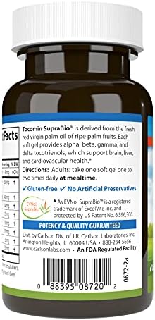Carlson Tocomin SupraBio Full Spectrum Tocotrienol Complex NonGMO Tocotrienols Alpha Beta Gamma Delta 120 Softgels