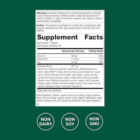 Standard Process Ferrofood Iron Supplement to Support Normal Blood Production Aid Iron Absorption with Vitamin C Health Supplement with Alfalfa Spanish Moss Vitamin B12 and More 40 Capsules