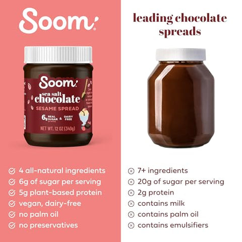 Soom Foods Chocolate Sea Salt Sesame Spread 12oz (2 Pack) Made with 4 Ingredients Low Sugar DairyFree NutFree GlutenFree Palm OilFree 5g Protein Better for You Chocolate Tahini Spread