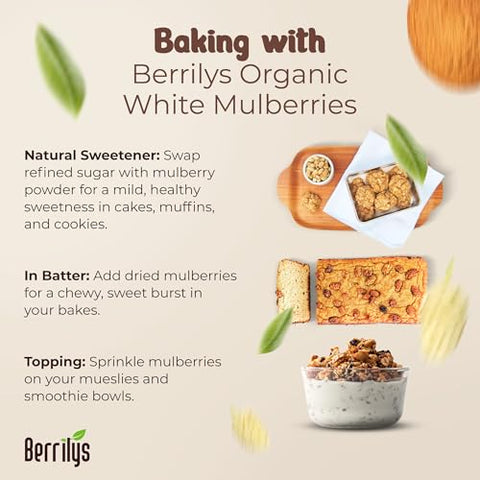 Berrilys Organic Dried Mulberries - White Mulberry, Non-GMO, Unsulfured, Raw, Kosher, Vegan - Healthy Berries, Superfood, No Sugar Added, USDA Organic Certified, FDA Registered Facility - 10oz