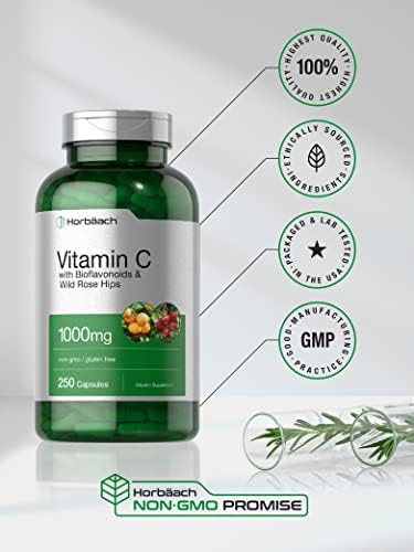 Horbaach Vitamin C 1000mg 250 Capsules with Bioflavonoids and Rose Hips NonGMO Gluten Free Supplement High Strength Formula