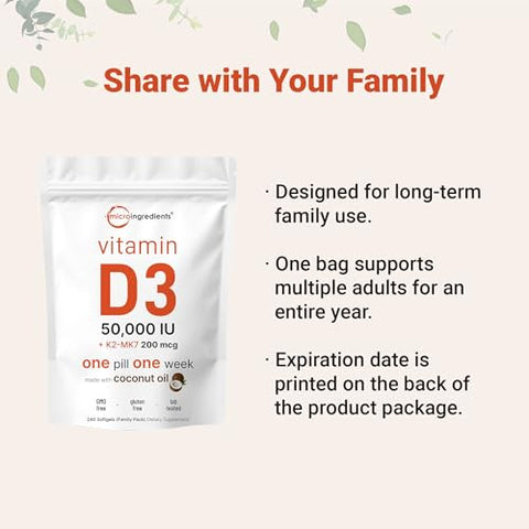 Micro Ingredients Vitamin D3 50000 Iu K2 Mk-7 200 Mcg 240 Softgels Virgin Coconut Oil 2-In-1 Support Easy To Swallow Non-Gmo