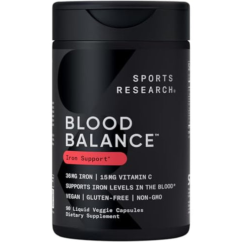 Sports Research Blood Control Pack - Blood Balance Iron Supplement - 36 Mg Iron Folate & Vitamin C For Absorption Omega-3 Fish Oil 1250 Vitamin D3 K2 5000 Iu