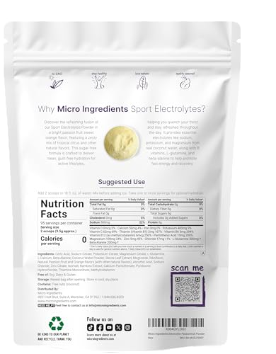 Micro Ingredients Electrolytes Powder 2 Lbs 95 Servings Sugar Free Workout Hydration Potassium Sodium L-Glutamine Beta-Alanine & More Natural Coconut Water Passion Fruit & Citrus Flavor