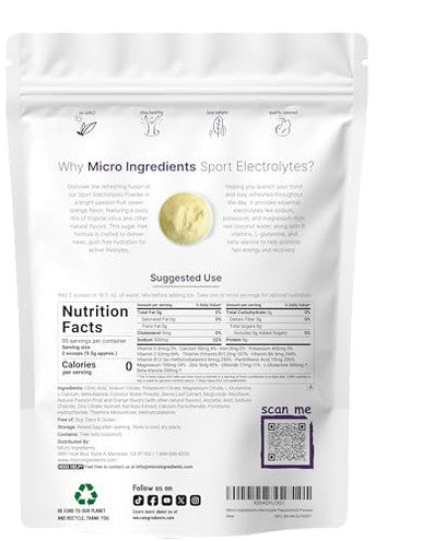 Micro Ingredients Electrolytes Powder 2 Lbs 95 Servings Sugar Free Workout Hydration Potassium Sodium L-Glutamine Beta-Alanine & More Natural Coconut Water Passion Fruit & Citrus Flavor