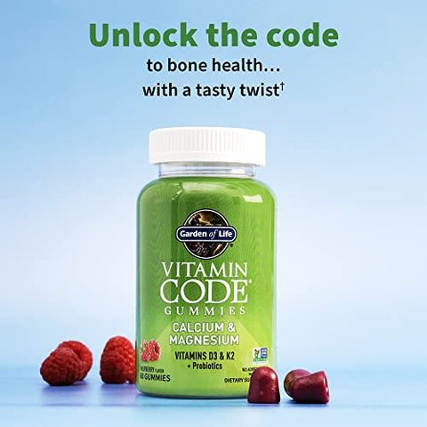 Garden Of Life Vitamin Code Calcium Magnesium Gummies With D3 & K2 Supports Bone Health & Bone Strength Prebiotics & Probiotics For Digestive Support Non-Gmo Gluten-Free 60 Raspberry Gummies