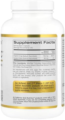 California Gold Nutrition Buffered Gold C Nonacidic Vitamin C Supplement Nongmo 750 Mg 240 Veggie Capsules