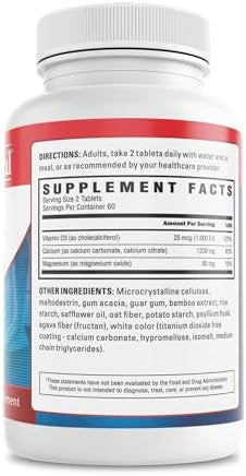 U.S. Doctors' Clinical 1200Mg Calcium Citrate & Calcium Carbonate Supplement W/Vitamin D3 & Magnesium - Support For Bone Strength, Muscles & Nerves - Vegan, Non-Gmo - 60 Tablets[1-Month Supply]