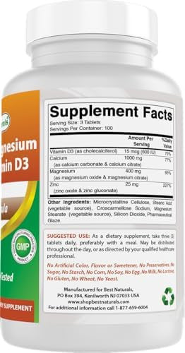 Best Naturals Calcium Magnesium Zinc With Vitamin D3, 300 Tablets - Calcium 1000 Mg, Magnesium 400 Mg, Zinc 25 Mg & D3 600 Iu Per Serving (3 Tablets)