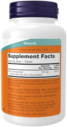 Now Foods Supplements, Zinc (Zinc Gluconate) 50 Mg, Supports Enzyme Functions, Immune Support, 100 Tablets