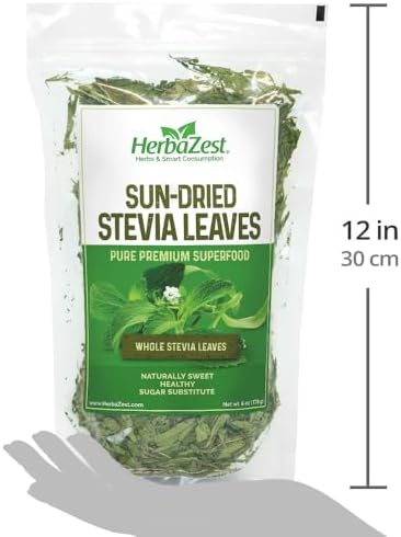 HerbaZest SunDried Stevia Leaves 6oz (170g) Premium Whole Stevia Leaf Naturally Sweeter Than Sugar ZeroCalorie Sugar Substitute Perfect for Tea Coffee and Other Beverages