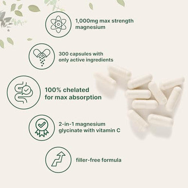 Micro Ingredients Pure Magnesium Glycinate 1000Mg 300 Capsules 100 Chelated For Max Absorption Enhanced With Vitamin C Only Uses Active Ingredients