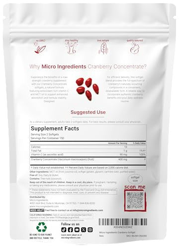 Micro Ingredients Cranberry Supplement For Women 300 Softgels With Vitamin C & Mct Oil Cranberry Pills For Women Support Urinary Tract Health