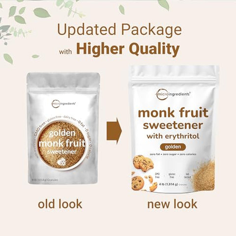 Golden Monk Fruit Sweetener with Erythritol, 4 Pounds - No After Taste - Brown Sugar Substitute, Keto Diet Friendly, Zero Calorie, Natural Sweetener for Drinks, Coffee, Tea, Cookies, No-GMO, Vegan