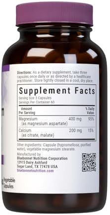 Bluebonnet Nutrition Calcium & Magnesium Bone Health Nongmo Vegan Kosher Gluten Soy 90 Vegetable Capsules 30 Servings