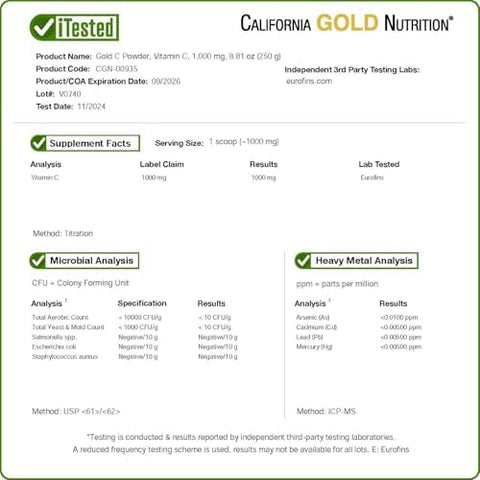 California Gold Nutrition Gold C Powder USP Grade Vitamin C Powder Immune Support and Seasonal Wellness Vegetarian Friendly Gluten Free NonGMO Quality Tested 1000 mg 8.81 oz (250 g)