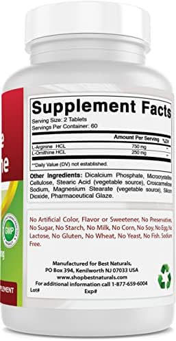Best Naturals Larginine Lornithine 1000Mg Per Serving 120 Tablets Nongmo & Gluten (120 Count (Pack Of 1))