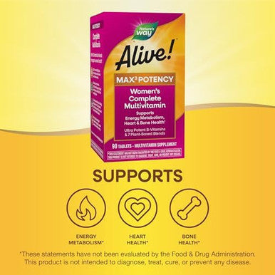Nature'S Way Alive Max3 Potency Women'S Complete Multivitamin, Supports Energy Metabolism, Heart & Bone Health, With B-Vitamins Including Methylated B12 And Folate, 90 Tablets (Packaging May Vary)