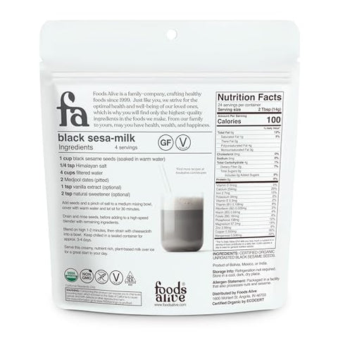 Foods Alive Organic Black Sesame Seeds, 12 oz x 2-pack (total 24 ounces), Raw, Unhulled, Kosher, Gluten Free, Keto, Paleo, Non-GMO