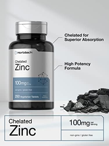 Horbaach Chelated Zinc Supplement 100mg 250 Tablets High Potency and Superior Absorption Vegetarian NonGMO Gluten Free