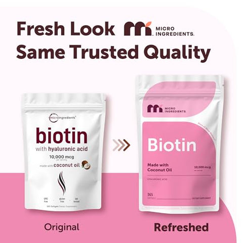 Micro Ingredients Biotin 10000 Mcg With Hyaluronic Acid 25 Mg Per Serving Made With Coconut Oil 365 Softgels 1 Per Day One Year Supply Non-Gmo & Gluten Free