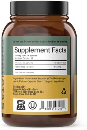 Complete Natural Products Nattokinase Capsules - 100 Count 570Mg 6000Fu'S Support Healthy Circulation Natto Enzymes Gluten Pure Soy Enzyme Vegan Non-Gmo