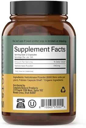 Complete Natural Products Nattokinase Capsules - 100 Count 570Mg 6000Fu'S, Support Healthy Circulation, Natto Enzymes, Gluten , Pure Soy Enzyme, Vegan, Non-Gmo