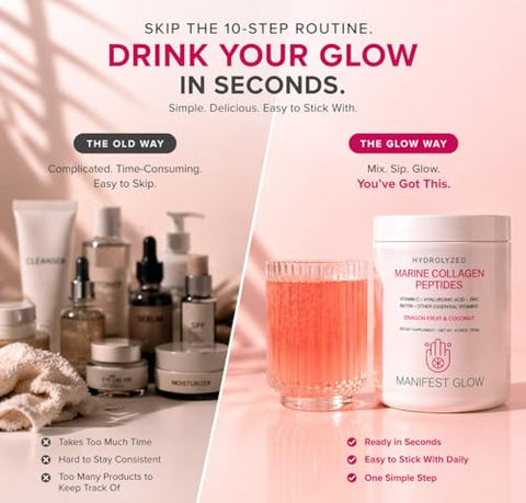 Manifest Glow Marine Collagen Peptides - Dragon Fruit Coconut Water Pineapple - Vitamin C Hyaluronic Acid Copper Zinc Biotin Niacin D3 B-Complex - Hair Skin & Nails 30 Servings