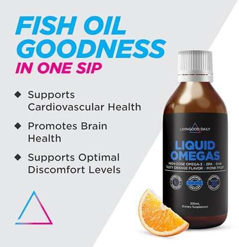 Livingood Daily Liquid Omega 3 Fish Oil Epa & Dha Supplement With Monk Fruit & Orange Flavor Supports Heart Joint & Brain Health Fish Oil For Men & Women Non Gmo Gluten 200 Ml 40 Servings