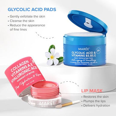 Maree Bundle Lip Mask & Glycolic Peel Pads Hyaluronic Acid & Coconut Oil Salicylic Acid & Vitamins E B3 B Nourish & Hydrate Dry Cracked Lips Face Pads With Cleaning Effect