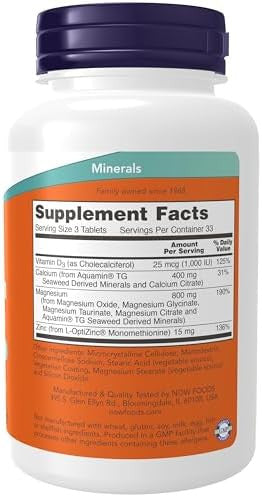 Now Foods Supplements, Magnesium & Calcium, With Zinc And Vitamin D-3, Nerve And Bone Support, 250 Tablets