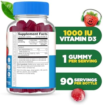 Lifeable Sugar Free Vitamin D for Kids 1000 IU Great Tasting Natural Flavor Gummy Supplement Gluten Free Vegetarian Chewable for Strong and Healthy Bones for Children Teen Toddler 90 Gummies