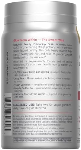 Neocell Biotin 10000Mcg Gummies 72 Count Beauty Enhancing Supplement Hair Skin And Nails Peach Flavor