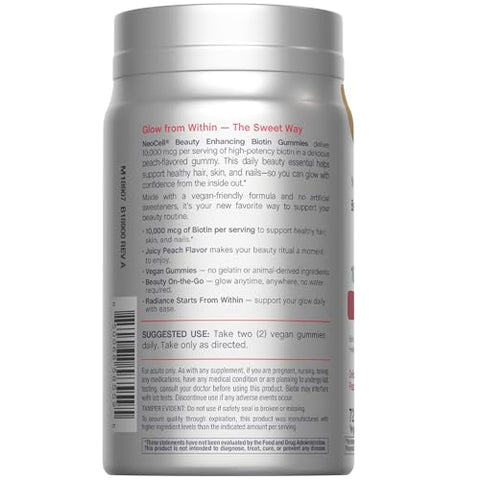 Neocell Biotin 10000Mcg Gummies 72 Count Beauty Enhancing Supplement Hair Skin And Nails Peach Flavor
