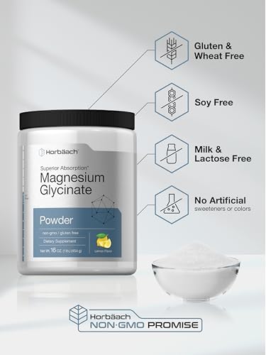 Horbaach Magnesium Glycinate Powder 1 lb Lemon Flavored Superior Absorption NonGMO and Gluten Free