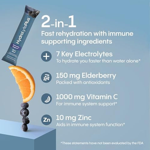 Hydralyte Electrolytes Plus Immunity Elderberry - Low Sugar Rapid Rehydration Powder - Lightly Sparkling Electrolyte Powder Packets With 1000Mg Vitamin C And 300 Mg Elderberry (8Oz Serve 20 Count)