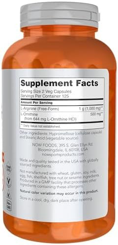 Now Foods Sports Nutrition Arginine & Ornithine 500/250 Mg Amino Acids 250 Veg Capsules