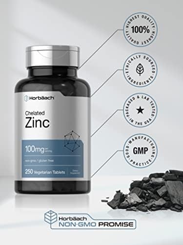 Horbaach Chelated Zinc Supplement 100mg 250 Tablets High Potency and Superior Absorption Vegetarian NonGMO Gluten Free