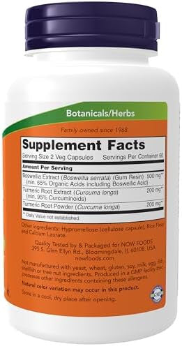 Now Foods Supplements Boswellia Extract 250 Mg Plus Turmeric Root Extract 120 Veg Capsules