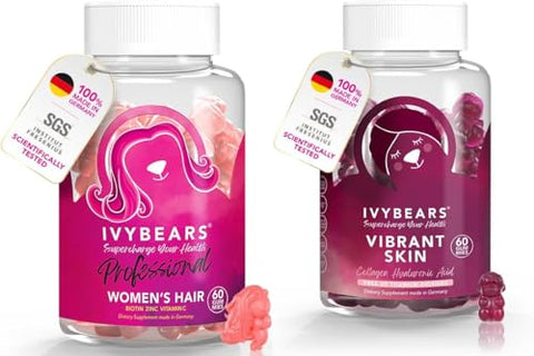 IvyBears ExtraStrength Hair + Skin Glow Gummies Bundle 10x Biotin + Collagen Stronger Hair Radiant Skin Youthful Glow 100 Natural Flavors Vegan Beauty Formula Made in Germany 2x60 Count